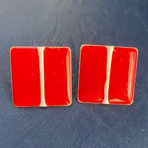 Vintage metal Red enamel and Gold backings pierced Earrings